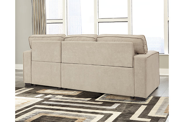 By day and by night, the Darton sleeper sectional is a style revelation. Such a clever merger of form with function, it’s the ultimate solution for small-space living. Each piece has USB charging ports and the corner chaise includes a handy storage space with cushioned lift top. Accessible with subtle fabric tabs, the sofa/sleeper comfortably accommodates overnight guests. Sleek track armrests and cream-tone linen weave upholstery lend a crisp, clean aesthetic that suits modern farmhouse and contemporary settings with ease.Includes 2 pieces: left-arm facing sofa/sleeper and right-arm facing corner chaise with storage | "Left-arm" and "right-arm" describe the position of the arm when you face the piece | Corner-blocked frame | Attached cushions  | High-resiliency foam cushions wrapped in thick poly fiber | Polyester upholstery | USB charging ports | Power cord included; UL Listed | Exposed feet with faux wood finish | Estimated Assembly Time: 50 Minutes