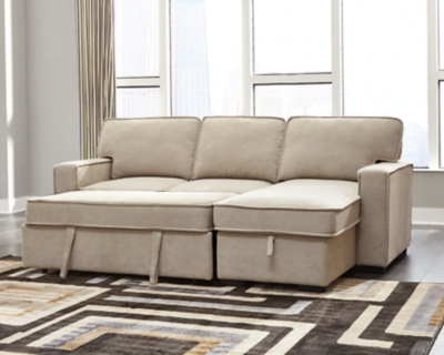 By day and by night, the Darton sleeper sectional is a style revelation. Such a clever merger of form with function, it’s the ultimate solution for small-space living. Each piece has USB charging ports and the corner chaise includes a handy storage space with cushioned lift top. Accessible with subtle fabric tabs, the sofa/sleeper comfortably accommodates overnight guests. Sleek track armrests and cream-tone linen weave upholstery lend a crisp, clean aesthetic that suits modern farmhouse and contemporary settings with ease.Includes 2 pieces: left-arm facing sofa/sleeper and right-arm facing corner chaise with storage | "Left-arm" and "right-arm" describe the position of the arm when you face the piece | Corner-blocked frame | Attached cushions  | High-resiliency foam cushions wrapped in thick poly fiber | Polyester upholstery | USB charging ports | Power cord included; UL Listed | Exposed feet with faux wood finish | Estimated Assembly Time: 50 Minutes