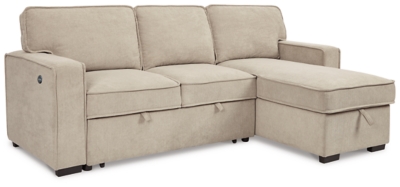 By day and by night, the Darton sleeper sectional is a style revelation. Such a clever merger of form with function, it’s the ultimate solution for small-space living. Each piece has USB charging ports and the corner chaise includes a handy storage space with cushioned lift top. Accessible with subtle fabric tabs, the sofa/sleeper comfortably accommodates overnight guests. Sleek track armrests and cream-tone linen weave upholstery lend a crisp, clean aesthetic that suits modern farmhouse and contemporary settings with ease.Includes 2 pieces: left-arm facing sofa/sleeper and right-arm facing corner chaise with storage | "Left-arm" and "right-arm" describe the position of the arm when you face the piece | Corner-blocked frame | Attached cushions  | High-resiliency foam cushions wrapped in thick poly fiber | Polyester upholstery | USB charging ports | Power cord included; UL Listed | Exposed feet with faux wood finish | Estimated Assembly Time: 50 Minutes