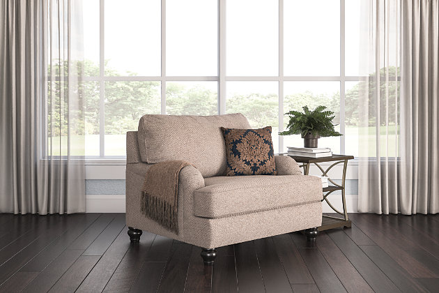 The Fermoy oversized chair’s timeless flair is easy to love. Curvaceous Charles of London arms beautifully go with the flow, as does this chair’s rich pewter-tone upholstery for a new twist on neutral. Fine details including elegantly turned bun feet and a designer toss pillow perfect the aesthetic.Corner-blocked frame | Attached back and loose seat cushions | High-resiliency foam cushions wrapped in thick poly fiber | 1 toss pillow included | Pillow with soft polyfill | Polyester upholstery and pillow | Exposed feet with faux wood finish | Platform foundation system resists sagging 3x better than spring system after 20,000 testing cycles by providing more even support | Smooth platform foundation maintains tight, wrinkle-free look without dips or sags that can occur over time with sinuous spring foundations