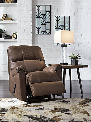The Narzole rocker recliner brings a fresh, contemporary edge to your home. Bustle back with designer stitching doesn’t split on the comfort. Decadent faux leather entices you with its good looks and high quality. Once you get a feel, you’ll want the entire seat to yourself. Easy pull reclining motion is a great convenience to your relaxation.Corner-blocked frame | Attached back and seat cushions | One pull reclining motion | High-resiliency foam cushions wrapped in thick poly fiber | Polyester/polyurethane upholstery