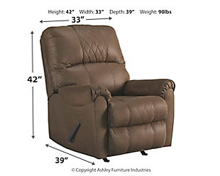 The Narzole rocker recliner brings a fresh, contemporary edge to your home. Bustle back with designer stitching doesn’t split on the comfort. Decadent faux leather entices you with its good looks and high quality. Once you get a feel, you’ll want the entire seat to yourself. Easy pull reclining motion is a great convenience to your relaxation.Corner-blocked frame | Attached back and seat cushions | One pull reclining motion | High-resiliency foam cushions wrapped in thick poly fiber | Polyester/polyurethane upholstery