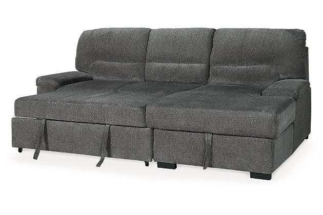 The Yantis sleeper sectional with pop up bed is a fresh style awakening. Cleverly melding form and function, it’s the ultimate solution for small-space living. Corner chaise with cushioned lift top reveals loads—and loads—of handy storage space. Accessible with subtle fabric tabs, the sofa/sleeper comfortably accommodates overnight guests and includes USB charging ports. Chic pillow top armrests, divided back channel tufting and a gorgeous gray chenille upholstery make this sleeper sectional a sight for sore eyes.Includes 2 pieces: left-arm facing sofa/sleeper and right-arm facing corner chaise with storage | Left-arm and "right-arm" describe the position of the arm when you face the piece | Corner-blocked frame | Attached cushions   | High-resiliency foam cushions wrapped in thick poly fiber | Polyester upholstery | USB charging ports | Power cord included; UL Listed | Exposed feet with faux wood finish | Estimated Assembly Time: 65 Minutes