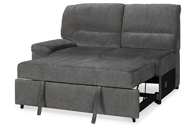 The Yantis sleeper sectional with pop up bed is a fresh style awakening. Cleverly melding form and function, it’s the ultimate solution for small-space living. Corner chaise with cushioned lift top reveals loads—and loads—of handy storage space. Accessible with subtle fabric tabs, the sofa/sleeper comfortably accommodates overnight guests and includes USB charging ports. Chic pillow top armrests, divided back channel tufting and a gorgeous gray chenille upholstery make this sleeper sectional a sight for sore eyes.Includes 2 pieces: left-arm facing sofa/sleeper and right-arm facing corner chaise with storage | Left-arm and "right-arm" describe the position of the arm when you face the piece | Corner-blocked frame | Attached cushions   | High-resiliency foam cushions wrapped in thick poly fiber | Polyester upholstery | USB charging ports | Power cord included; UL Listed | Exposed feet with faux wood finish | Estimated Assembly Time: 65 Minutes