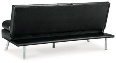 When space is limited, make smart use of your living area. The Mirclay flip flop sofa maximizes space by combining a sofa and bed into one streamlined piece with a sophisticated-yet-simple design. The back cushion flattens to convert it into a comfortable futon. The sofa features a drop-down console with dual cupholders, USB charging ports and cushioned armrests that double as pillows. A straightforward, sleek design and splayed metal legs provide a mid-century modern feel. The sofa's piece de resistance: black faux leather, which dresses it up while adding longevity and durability.Attached cushions | High-resiliency foam cushions wrapped in thick poly fiber | Faux leather | Tufted details; narrow stitching | Dual USB port | Power cord included; UL Listed | Exposed chrome-tone metal legs | Estimated Assembly Time: 15 Minutes