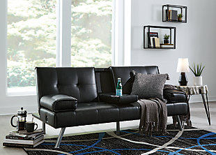 When space is limited, make smart use of your living area. The Mirclay flip flop sofa maximizes space by combining a sofa and bed into one streamlined piece with a sophisticated-yet-simple design. The back cushion flattens to convert it into a comfortable futon. The sofa features a drop-down console with dual cupholders, USB charging ports and cushioned armrests that double as pillows. A straightforward, sleek design and splayed metal legs provide a mid-century modern feel. The sofa's piece de resistance: black faux leather, which dresses it up while adding longevity and durability.Attached cushions | High-resiliency foam cushions wrapped in thick poly fiber | Faux leather | Tufted details; narrow stitching | Dual USB port | Power cord included; UL Listed | Exposed chrome-tone metal legs | Estimated Assembly Time: 15 Minutes