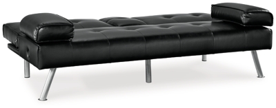 When space is limited, make smart use of your living area. The Mirclay flip flop sofa maximizes space by combining a sofa and bed into one streamlined piece with a sophisticated-yet-simple design. The back cushion flattens to convert it into a comfortable futon. The sofa features a drop-down console with dual cupholders, USB charging ports and cushioned armrests that double as pillows. A straightforward, sleek design and splayed metal legs provide a mid-century modern feel. The sofa's piece de resistance: black faux leather, which dresses it up while adding longevity and durability.Attached cushions | High-resiliency foam cushions wrapped in thick poly fiber | Faux leather | Tufted details; narrow stitching | Dual USB port | Power cord included; UL Listed | Exposed chrome-tone metal legs | Estimated Assembly Time: 15 Minutes