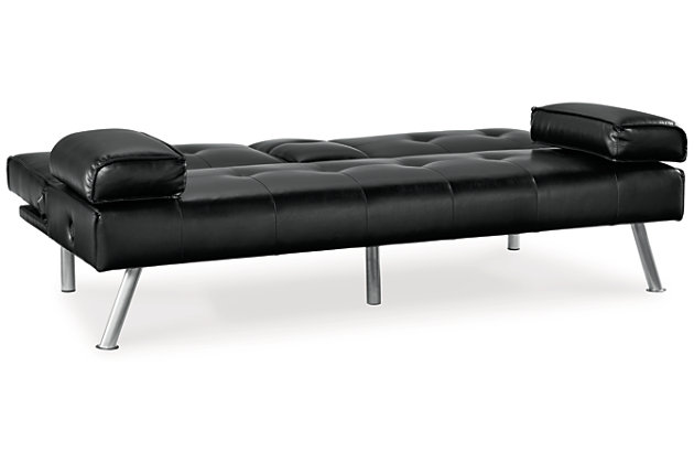 When space is limited, make smart use of your living area. The Mirclay flip flop sofa maximizes space by combining a sofa and bed into one streamlined piece with a sophisticated-yet-simple design. The back cushion flattens to convert it into a comfortable futon. The sofa features a drop-down console with dual cupholders, USB charging ports and cushioned armrests that double as pillows. A straightforward, sleek design and splayed metal legs provide a mid-century modern feel. The sofa's piece de resistance: black faux leather, which dresses it up while adding longevity and durability.Attached cushions | High-resiliency foam cushions wrapped in thick poly fiber | Faux leather | Tufted details; narrow stitching | Dual USB port | Power cord included; UL Listed | Exposed chrome-tone metal legs | Estimated Assembly Time: 15 Minutes