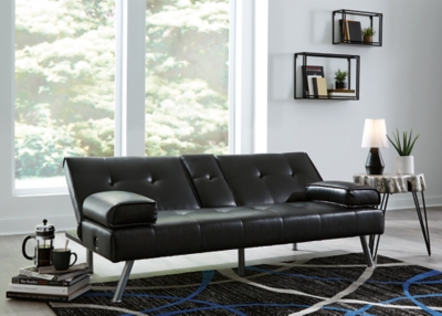 When space is limited, make smart use of your living area. The Mirclay flip flop sofa maximizes space by combining a sofa and bed into one streamlined piece with a sophisticated-yet-simple design. The back cushion flattens to convert it into a comfortable futon. The sofa features a drop-down console with dual cupholders, USB charging ports and cushioned armrests that double as pillows. A straightforward, sleek design and splayed metal legs provide a mid-century modern feel. The sofa's piece de resistance: black faux leather, which dresses it up while adding longevity and durability.Attached cushions | High-resiliency foam cushions wrapped in thick poly fiber | Faux leather | Tufted details; narrow stitching | Dual USB port | Power cord included; UL Listed | Exposed chrome-tone metal legs | Estimated Assembly Time: 15 Minutes