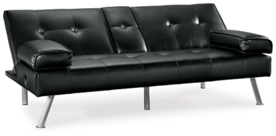 When space is limited, make smart use of your living area. The Mirclay flip flop sofa maximizes space by combining a sofa and bed into one streamlined piece with a sophisticated-yet-simple design. The back cushion flattens to convert it into a comfortable futon. The sofa features a drop-down console with dual cupholders, USB charging ports and cushioned armrests that double as pillows. A straightforward, sleek design and splayed metal legs provide a mid-century modern feel. The sofa's piece de resistance: black faux leather, which dresses it up while adding longevity and durability.Attached cushions | High-resiliency foam cushions wrapped in thick poly fiber | Faux leather | Tufted details; narrow stitching | Dual USB port | Power cord included; UL Listed | Exposed chrome-tone metal legs | Estimated Assembly Time: 15 Minutes