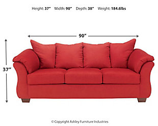 Talk about fine lines and great curves. That’s the beauty of the Darcy full sofa sleeper—made to suit your appreciation for clean, contemporary style. A striking flared frame, comfy pillow top armrests and an ultra-soft upholstery that holds up to everyday living complete this fashion statement. A pull-out full mattress means you’re fully prepared for overnight guests.Loose seat and attached back and armrest cushions | High-resiliency foam cushions wrapped in thick poly fiber | Polyester upholstery | Included bi-fold full memory foam mattress sits atop a supportive metal frame | Exposed feet with faux wood finish | Corner-blocked frame