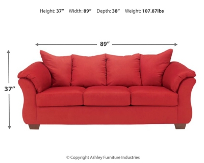 Talk about fine lines and great curves. That’s the beauty of the Darcy sofa—made to suit your appreciation for clean, contemporary style. A striking flared frame, comfy pillow top armrests and an ultra-soft upholstery that holds up to everyday living complete this fashion statement.Loose seat and attached back and armrest cushions | High-resiliency foam cushions wrapped in thick poly fiber | Polyester upholstery | Exposed feet with faux wood finish | Corner-blocked frame | Excluded from promotional discounts and coupons
