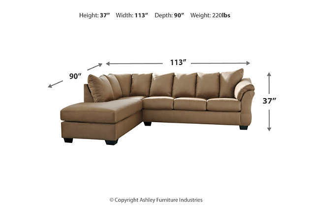 Talk about fine lines and great curves. That’s the beauty of the Darcy sectional—made to suit your appreciation for clean, contemporary style. A striking flared frame, comfy pillow top armrests and an ultra-soft upholstery that holds up to everyday living complete this fashion statement.Includes left-arm facing corner chaise and right-arm facing sofa | Corner-blocked frame | Attached back and loose seat cushions | High-resiliency foam cushions wrapped in thick poly fiber | Polyester upholstery | Exposed feet with faux wood finish | Estimated Assembly Time: 5 Minutes