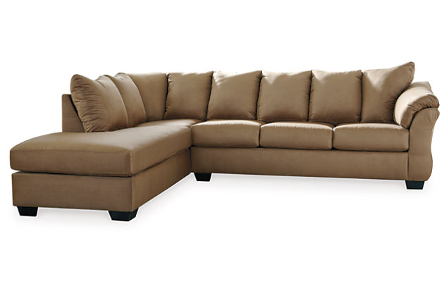 Talk about fine lines and great curves. That’s the beauty of the Darcy sectional—made to suit your appreciation for clean, contemporary style. A striking flared frame, comfy pillow top armrests and an ultra-soft upholstery that holds up to everyday living complete this fashion statement.Includes left-arm facing corner chaise and right-arm facing sofa | Corner-blocked frame | Attached back and loose seat cushions | High-resiliency foam cushions wrapped in thick poly fiber | Polyester upholstery | Exposed feet with faux wood finish | Estimated Assembly Time: 5 Minutes