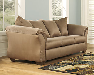 Talk about fine lines and great curves. That’s the beauty of the Darcy sofa—made to suit your appreciation for clean, contemporary style. A striking flared frame, comfy pillow top armrests and an ultra-soft upholstery that holds up to everyday living complete this fashion statement.Loose seat and attached back and armrest cushions | High-resiliency foam cushions wrapped in thick poly fiber | Polyester upholstery | Exposed feet with faux wood finish | Corner-blocked frame | Excluded from promotional discounts and coupons