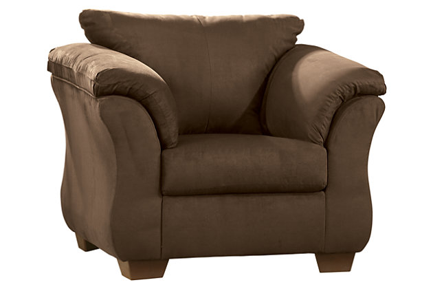 Talk about fine lines and great curves—that’s the beauty of the Darcy sofa, loveseat, chair and ottoman. Made to suit your appreciation for clean, contemporary style, the fashion-statement seating is complete with a striking flared frame, comfy pillow top armrests, tapered feet on the ottoman and an ultra-soft upholstery that holds up to everyday living.Includes sofa, loveseat, chair and ottoman | Corner-blocked frame | Loose seat and attached back and armrest cushions | Firmly cushioned ottoman | High-resiliency foam cushions wrapped in thick poly fiber | Polyester upholstery | Exposed feet with faux wood finish