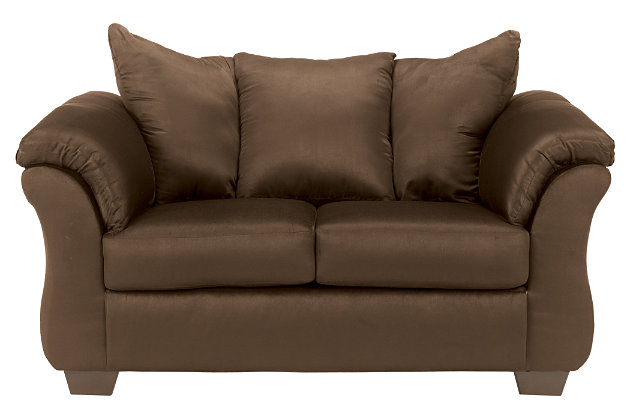 Talk about fine lines and great curves. That’s the beauty of the Darcy sofa and loveseat set—made to suit your appreciation for clean, contemporary style. Striking flared profiles, comfy pillow top armrests and an ultra-soft upholstery that holds up to everyday living complete this fashion statement.Smart Buys are our best everyday low price and excluded from promotional discounts and coupons | Includes sofa and loveseat | Corner-blocked frames | Attached back and loose seat cushions | High-resiliency foam cushions wrapped in thick poly fiber | Polyester upholstery | Exposed feet with faux wood finish
