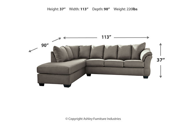 Talk about fine lines and great curves. That’s the beauty of the Darcy sectional—made to suit your appreciation for clean, contemporary style. A stri flared frame, comfy pillow top armrests and an ultra-soft upholstery that holds up to everyday living complete this fashion statement.Left-arm and "right-arm" describes the position of the arm when you face the piece | Corner-blocked frame | Attached back and loose seat cushions | High-resiliency foam cushions wrapped in thick poly fiber | Polyester upholstery | Exposed feet with faux wood finish | Estimated Assembly Time: 5 Minutes