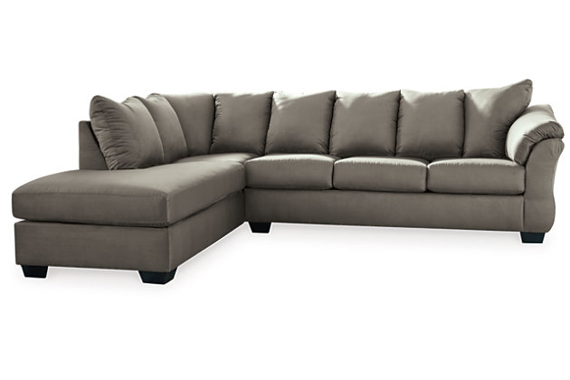Talk about fine lines and great curves. That’s the beauty of the Darcy sectional—made to suit your appreciation for clean, contemporary style. A stri flared frame, comfy pillow top armrests and an ultra-soft upholstery that holds up to everyday living complete this fashion statement.Left-arm and "right-arm" describes the position of the arm when you face the piece | Corner-blocked frame | Attached back and loose seat cushions | High-resiliency foam cushions wrapped in thick poly fiber | Polyester upholstery | Exposed feet with faux wood finish | Estimated Assembly Time: 5 Minutes