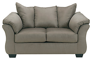 Talk about fine lines and great curves. That’s the beauty of the Darcy loveseat—made to suit your appreciation for clean, contemporary style. A striking flared frame, comfy pillow top armrests and an ultra-soft upholstery that holds up to everyday living complete this fashion statement.High-resiliency foam cushions wrapped in thick poly fiber | Polyester upholstery | Loose seat and attached back and armrest cushions | Exposed feet with faux wood finish | Corner-blocked frame | Excluded from promotional discounts and coupons