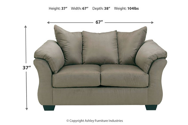 Talk about fine lines and great curves—that’s the beauty of the Darcy sofa, loveseat, chair and ottoman. Made to suit your appreciation for clean, contemporary style, the fashion-statement seating is complete with a striking flared frame, comfy pillow top armrests, tapered feet on the ottoman and an ultra-soft upholstery that holds up to everyday living.Includes sofa, loveseat, chair and ottoman | Corner-blocked frame | Loose seat and attached back and armrest cushions | Firmly cushioned ottoman | High-resiliency foam cushions wrapped in thick poly fiber | Polyester upholstery | Exposed feet with faux wood finish