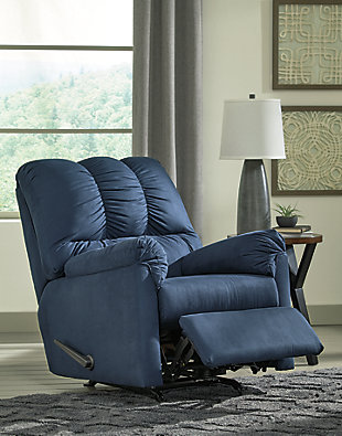 Talk about fine lines and great curves. That’s the beauty of the Darcy rocker recliner—made to suit your appreciation for clean, contemporary style. Comfy pillow top armrests, designer tailoring and an ultra-soft upholstery that holds up to everyday living complete this fashion statement.Gentle rocking motion | One-pull reclining motion | Corner-blocked frame with metal reinforced seat | Attached back, seat and armrest cushions | High-resiliency foam cushions wrapped in thick poly fiber | Polyester upholstery | Excluded from promotional discounts and coupons