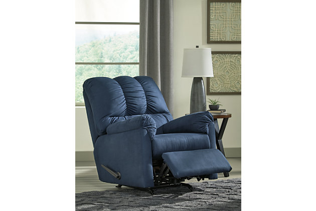 Talk about fine lines and great curves. That’s the beauty of the Darcy rocker recliner—made to suit your appreciation for clean, contemporary style. Comfy pillow top armrests, designer tailoring and an ultra-soft upholstery that holds up to everyday living complete this fashion statement.Gentle rocking motion | One-pull reclining motion | Corner-blocked frame with metal reinforced seat | Attached back, seat and armrest cushions | High-resiliency foam cushions wrapped in thick poly fiber | Polyester upholstery | Excluded from promotional discounts and coupons