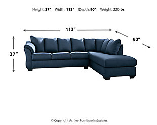 Talk about fine lines and great curves. That’s the beauty of the Darcy sectional—made to suit your appreciation for clean, contemporary style. A striking flared frame, comfy pillow top armrests and an ultra-soft upholstery that holds up to everyday living complete this fashion statement.Includes 2 pieces: right-arm facing corner chaise and left-arm facing sofa | Left-arm and "right-arm" describes the position of the arm when you face the piece | Corner-blocked frame | Attached back and loose seat cushions | High-resiliency foam cushions wrapped in thick poly fiber | Polyester upholstery | Exposed feet with faux wood finish | Estimated Assembly Time: 5 Minutes