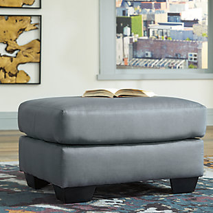Talk about fine lines and great curves. That’s the beauty of the Darcy ottoman—made to suit your appreciation for simplicity and love of contemporary style. Tapered feet and ultra-soft upholstery that holds up to everyday living complete this fashion statement.Firmly cushioned | High-resiliency foam cushion wrapped in thick poly fiber | Corner-blocked frame | Polyester upholstery | Exposed feet with faux wood finish