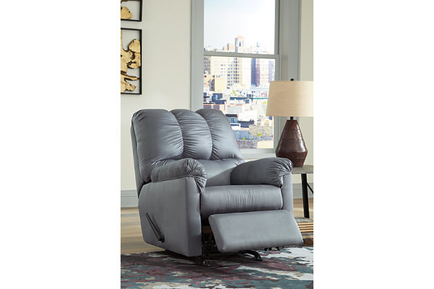 Talk about fine lines and great curves. That’s the beauty of the Darcy rocker recliner—made to suit your appreciation for clean, contemporary style. Comfy pillow top armrests, designer tailoring and an ultra-soft upholstery that holds up to everyday living complete this fashion statement.Corner-blocked frame with metal reinforced seat | Attached cushions | One-pull reclining motion | Gentle rocking motion | High-resiliency foam cushions wrapped in thick poly fiber | Polyester upholstery