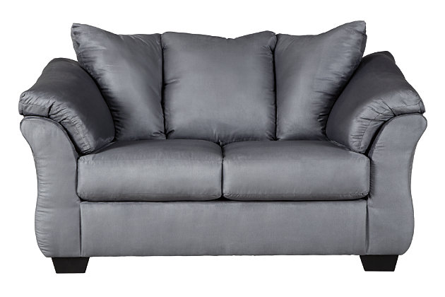 Talk about fine lines and great curves. That’s the beauty of the Darcy loveseat—made to suit your appreciation for clean, contemporary style. A striking flared frame, comfy pillow top armrests and an ultra-soft upholstery that holds up to everyday living complete this fashion statement.Corner-blocked frame | Attached back and loose seat cushions | High-resiliency foam cushions wrapped in thick poly fiber | Polyester upholstery | Exposed feet with faux wood finish