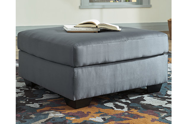 Talk about fine lines and great curves. That’s the beauty of the Darcy oversized ottoman—made to suit your appreciation for simplicity and love of contemporary style. Tapered feet and ultra-soft upholstery that holds up to everyday living complete this fashion statement.Firmly cushioned | High-resiliency foam cushion wrapped in thick poly fiber | Corner-blocked frame | Polyester upholstery | Exposed feet with faux wood finish