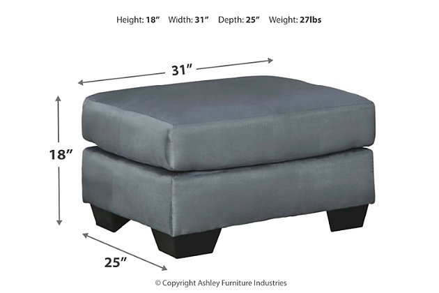 Talk about fine lines and great curves. That’s the beauty of the Darcy ottoman—made to suit your appreciation for simplicity and love of contemporary style. Tapered feet and ultra-soft upholstery that holds up to everyday living complete this fashion statement.Firmly cushioned | High-resiliency foam cushion wrapped in thick poly fiber | Corner-blocked frame | Polyester upholstery | Exposed feet with faux wood finish