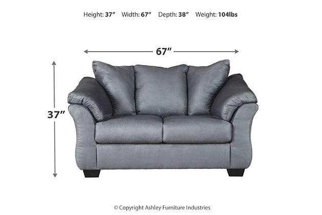 Talk about fine lines and great curves. That’s the beauty of the Darcy loveseat—made to suit your appreciation for clean, contemporary style. A striking flared frame, comfy pillow top armrests and an ultra-soft upholstery that holds up to everyday living complete this fashion statement.Corner-blocked frame | Attached back and loose seat cushions | High-resiliency foam cushions wrapped in thick poly fiber | Polyester upholstery | Exposed feet with faux wood finish