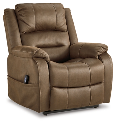 Enjoy comfort to the max in the Whitehill power lift recliner. After sitting and relaxing or snoozing in a fully reclined position, it eases you upright and back on your feet with the touch of a button. Dual motor capability lets you recline back and elevate your legs independently for custom comfort positioning. With USB charging at your fingertips, you can power up electronic devices as you unwind. The heavyweight padded faux leather has long-lasting durability, and its neutral chocolate hue complements most color schemes, so it looks as good as it feels.One-touch (hand control) power button with adjustable positions | Corner-blocked frame with metal seat box | Attached back and seat cushions | High-resiliency foam cushions wrapped in thick poly fiber | Polyester upholstery | Dual motors control the footrest and back independently for custom comfort positioning | USB charging | Power cord included; UL Listed | Estimated Assembly Time: 30 Minutes