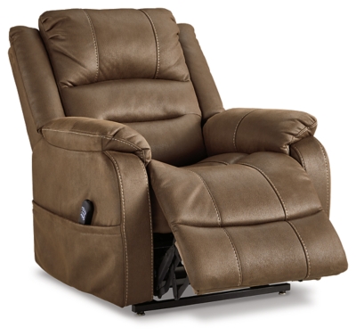 Enjoy comfort to the max in the Whitehill power lift recliner. After sitting and relaxing or snoozing in a fully reclined position, it eases you upright and back on your feet with the touch of a button. Dual motor capability lets you recline back and elevate your legs independently for custom comfort positioning. With USB charging at your fingertips, you can power up electronic devices as you unwind. The heavyweight padded faux leather has long-lasting durability, and its neutral chocolate hue complements most color schemes, so it looks as good as it feels.One-touch (hand control) power button with adjustable positions | Corner-blocked frame with metal seat box | Attached back and seat cushions | High-resiliency foam cushions wrapped in thick poly fiber | Polyester upholstery | Dual motors control the footrest and back independently for custom comfort positioning | USB charging | Power cord included; UL Listed | Estimated Assembly Time: 30 Minutes