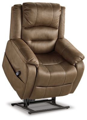 Enjoy comfort to the max in the Whitehill power lift recliner. After sitting and relaxing or snoozing in a fully reclined position, it eases you upright and back on your feet with the touch of a button. Dual motor capability lets you recline back and elevate your legs independently for custom comfort positioning. With USB charging at your fingertips, you can power up electronic devices as you unwind. The heavyweight padded faux leather has long-lasting durability, and its neutral chocolate hue complements most color schemes, so it looks as good as it feels.One-touch (hand control) power button with adjustable positions | Corner-blocked frame with metal seat box | Attached back and seat cushions | High-resiliency foam cushions wrapped in thick poly fiber | Polyester upholstery | Dual motors control the footrest and back independently for custom comfort positioning | USB charging | Power cord included; UL Listed | Estimated Assembly Time: 30 Minutes