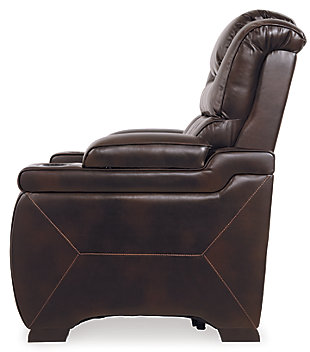 Your modern living room awaits with the Warnerton power recliner. Complete with practical faux leather beautified with diamond lattice stitching, one-touch power control, adjustable headrest and a USB charging port, it makes finding the best seat in the house a breeze. Cup holders and armrest console storage keep drinks, snacks and remotes close by. Go ahead—treat yourself to a high-design home theater experience, priced to put you at ease.One-touch power control with adjustable positions | Corner-blocked frame with metal reinforced seat | Attached cushions | High-resiliency foam cushions wrapped in thick poly fiber | Easy View™ power adjustable headrest | Each armrest with flip-top storage and cup holder | USB charging port in the power control | Polyester/polyurethane upholstery | Power cord included; UL Listed | Estimated Assembly Time: 15 Minutes