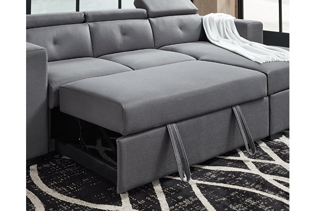 Why let small-space living cramp your style? For lovers of contemporary design, the mod and modular Salado 2-piece sleeper sectional fits the bills beautifully. Cleverly melding form and function, it simply wows with clean-lined track arms and adjustable headrests that look cool from every angle. A corner chaise with cushioned lift top reveals loads (and loads) of handy storage space. Accessible with subtle fabric tabs, the sofa/sleeper comfortably accommodates overnight guests and includes USB charging ports.Includes 2 pieces: left-arm facing sofa/sleeper and right-arm facing corner chaise with storage | Left-arm and "right-arm" describe the position of the arm when you face the piece | Corner-blocked frame | Attached cushions   | Button-tufted back cushions  | Adjustable headrests | High-resiliency foam cushions wrapped in thick poly fiber | Polyester upholstery | USB charging ports | Power cord included; UL Listed | Exposed feet with faux wood finish | Estimated Assembly Time: 35 Minutes