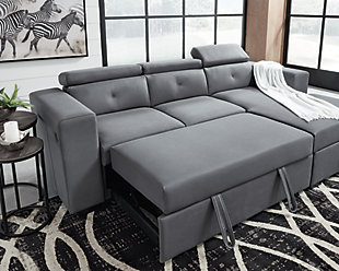 Why let small-space living cramp your style? For lovers of contemporary design, the mod and modular Salado 2-piece sleeper sectional fits the bills beautifully. Cleverly melding form and function, it simply wows with clean-lined track arms and adjustable headrests that look cool from every angle. A corner chaise with cushioned lift top reveals loads (and loads) of handy storage space. Accessible with subtle fabric tabs, the sofa/sleeper comfortably accommodates overnight guests and includes USB charging ports.Includes 2 pieces: left-arm facing sofa/sleeper and right-arm facing corner chaise with storage | Left-arm and "right-arm" describe the position of the arm when you face the piece | Corner-blocked frame | Attached cushions   | Button-tufted back cushions  | Adjustable headrests | High-resiliency foam cushions wrapped in thick poly fiber | Polyester upholstery | USB charging ports | Power cord included; UL Listed | Exposed feet with faux wood finish | Estimated Assembly Time: 35 Minutes