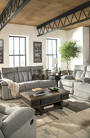 Your to-do list is complete, now it’s time for ultimate relaxation. This double reclining sofa is plush in all the right places, and will support you longer than you can binge watch your favorite TV show. The neutral upholstery is ready for a patterned throw pillow and some of your time. The middle seat’s back drops down into convenient table top with cup holders, the perfect resting spot for tablets and magazines.Dual-sided recliner; middle seat remains stationary | Drop-down center table with 2 cup holders | Pull tab reclining motion | Corner-blocked frame with metal reinforced seat | Attached back and seat cushions | High-resiliency foam cushion wrapped in thick poly fiber | Polyester upholstery