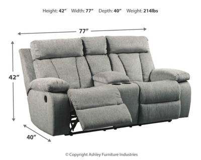 Bring your snacks and beverages and plan for a night with your feet up. This double reclining loveseat is plush in all the right places, and will support you longer than you can binge watch your favorite TV show. The neutral upholstery is ready for a patterned throw blanket and some of your time. Hide the remote in the console and claim your spot on the Mitchiner.Dual-sided recliner | Pull tab reclining motion | Corner-blocked frame with metal reinforced seat | Attached back and seat cushions | High-resiliency foam cushion wrapped in thick poly fiber | Polyester upholstery | Lift-top storage console and 2 cup holders