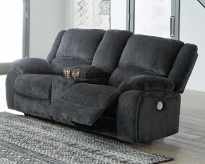 Draycoll Power Reclining Loveseat with Console, Slate