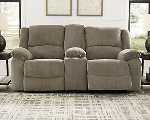 Draycoll Reclining Loveseat with Console, Pewter, rollover