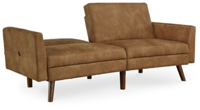 No room at the inn? The Drescher flip flop sofa accommodates your overnight guests, as well as your love of clean-lined, modern style. Wrapped in a fabulous caramel colored faux leather rich with tonal variation for a sense of authenticity, this chic futon/sofa is dressed to impress with slim track arms, a 2-over-2 box cushion design and tapered legs with a faux wood finish. This versatile sofa easily makes itself at home in a main living room if space is limited and can be used as a sofa sleeper in a guest room, rec room or finished basement. The back fully reclines to ensure a good night's sleep. Loose cushions | High-resiliency foam cushions wrapped in thick poly fiber | Polyester/polyurethane upholstery | 2 USB plug-ins; power cord included; UL Listed | Exposed legs with faux wood finish | Estimated Assembly Time: 15 Minutes