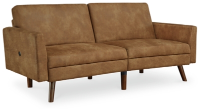 No room at the inn? The Drescher flip flop sofa accommodates your overnight guests, as well as your love of clean-lined, modern style. Wrapped in a fabulous caramel colored faux leather rich with tonal variation for a sense of authenticity, this chic futon/sofa is dressed to impress with slim track arms, a 2-over-2 box cushion design and tapered legs with a faux wood finish. This versatile sofa easily makes itself at home in a main living room if space is limited and can be used as a sofa sleeper in a guest room, rec room or finished basement. The back fully reclines to ensure a good night's sleep. Loose cushions | High-resiliency foam cushions wrapped in thick poly fiber | Polyester/polyurethane upholstery | 2 USB plug-ins; power cord included; UL Listed | Exposed legs with faux wood finish | Estimated Assembly Time: 15 Minutes