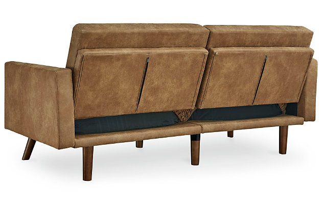 No room at the inn? The Drescher flip flop sofa accommodates your overnight guests, as well as your love of clean-lined, modern style. Wrapped in a fabulous caramel colored faux leather rich with tonal variation for a sense of authenticity, this chic futon/sofa is dressed to impress with slim track arms, a 2-over-2 box cushion design and tapered legs with a faux wood finish. This versatile sofa easily makes itself at home in a main living room if space is limited and can be used as a sofa sleeper in a guest room, rec room or finished basement. The back fully reclines to ensure a good night's sleep. Loose cushions | High-resiliency foam cushions wrapped in thick poly fiber | Polyester/polyurethane upholstery | 2 USB plug-ins; power cord included; UL Listed | Exposed legs with faux wood finish | Estimated Assembly Time: 15 Minutes