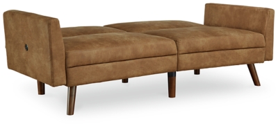 No room at the inn? The Drescher flip flop sofa accommodates your overnight guests, as well as your love of clean-lined, modern style. Wrapped in a fabulous caramel colored faux leather rich with tonal variation for a sense of authenticity, this chic futon/sofa is dressed to impress with slim track arms, a 2-over-2 box cushion design and tapered legs with a faux wood finish. This versatile sofa easily makes itself at home in a main living room if space is limited and can be used as a sofa sleeper in a guest room, rec room or finished basement. The back fully reclines to ensure a good night's sleep. Loose cushions | High-resiliency foam cushions wrapped in thick poly fiber | Polyester/polyurethane upholstery | 2 USB plug-ins; power cord included; UL Listed | Exposed legs with faux wood finish | Estimated Assembly Time: 15 Minutes