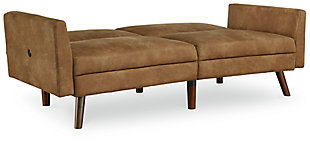 No room at the inn? The Drescher flip flop sofa accommodates your overnight guests, as well as your love of clean-lined, modern style. Wrapped in a fabulous caramel colored faux leather rich with tonal variation for a sense of authenticity, this chic futon/sofa is dressed to impress with slim track arms, a 2-over-2 box cushion design and tapered legs with a faux wood finish. This versatile sofa easily makes itself at home in a main living room if space is limited and can be used as a sofa sleeper in a guest room, rec room or finished basement. The back fully reclines to ensure a good night's sleep. Loose cushions | High-resiliency foam cushions wrapped in thick poly fiber | Polyester/polyurethane upholstery | 2 USB plug-ins; power cord included; UL Listed | Exposed legs with faux wood finish | Estimated Assembly Time: 15 Minutes