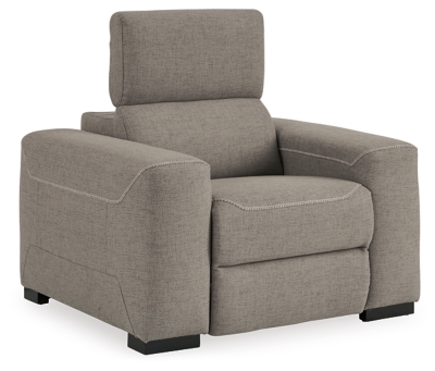 The challenge: Design a cutting-edge power recliner you’d never guess was a recliner. Super sleek and streamlined, the Mabton power recliner in taupe gray with high-contrast jumbo stitching might just be our best-kept secret. Rest assured, you’d be hard-pressed to find a modern recliner that looks so high end yet is so comfortably priced. Integrated elements include an Easy View™ adjustable headrest that offers low-profile style when it’s down and a high level of comfort when you’re kicking back and reclining. Factor in a one-touch power control (with a USB port) placed on the inside track arm, and you have the makings for one beautifully deceptive piece of furniture.One-touch power control with adjustable positions, Easy View™ adjustable headrest and USB plug-in | Corner-blocked frame | Attached cushions | High-resiliency foam cushions wrapped in thick poly fiber | Soft textured polyester upholstery | Power cord included; UL Listed | Exposed black feet | Estimated Assembly Time: 15 Minutes